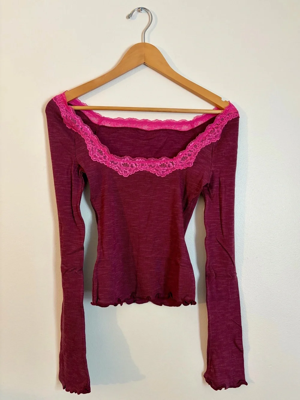 NWT Free People Long Sleeve Scoop Top with Hot Pink Lace Trim